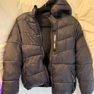DKNY Sherpa Lined Puffer Jacket Womens Small Black Hooded Winter Coat